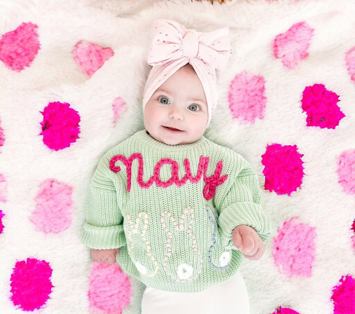 peeps bunnies shirt custom personalized Easter outfit baby toddler girl, easter bunny rabbit sweater shirt, hand embroidered, pink white hot pink, some bunny is one, my first easter girls