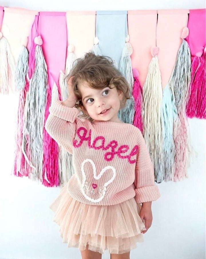 pink easter bunny rabbit shirt custom personalized Easter outfit baby toddler girl, easter bunny rabbit sweater shirt, hand embroidered, pink white hot pnk, some bynnu is one, my first easter girls