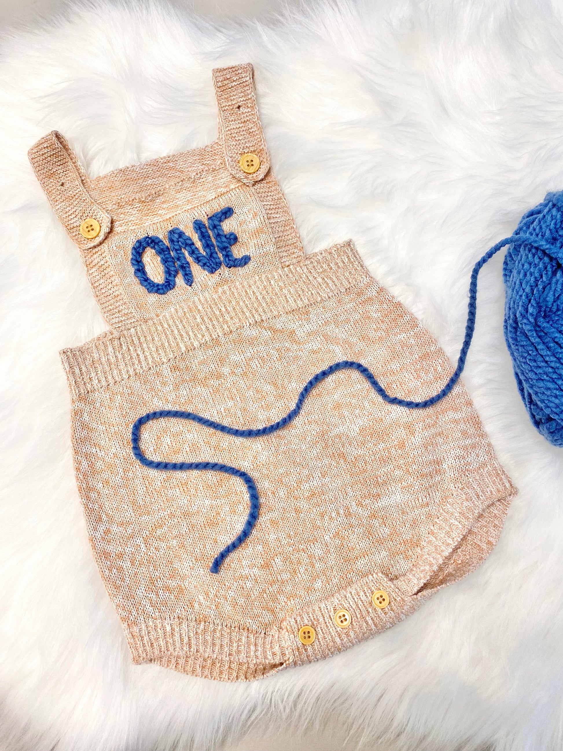 ONE boys blue neutral tan brown cream boho First Birthday Outfit romper hand embroidered, 1st Birthday romper outfit baby boy, beary first, knitted knit baby romper, winter spring summer birthday, boho neutrals birthday boy suspenders outfit romper
