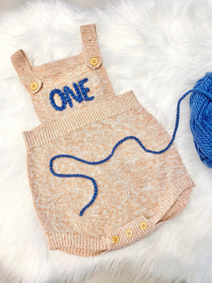 ONE boys blue neutral tan brown cream boho First Birthday Outfit romper hand embroidered, 1st Birthday romper outfit baby boy, beary first, knitted knit baby romper, winter spring summer birthday, boho neutrals birthday boy suspenders outfit romper