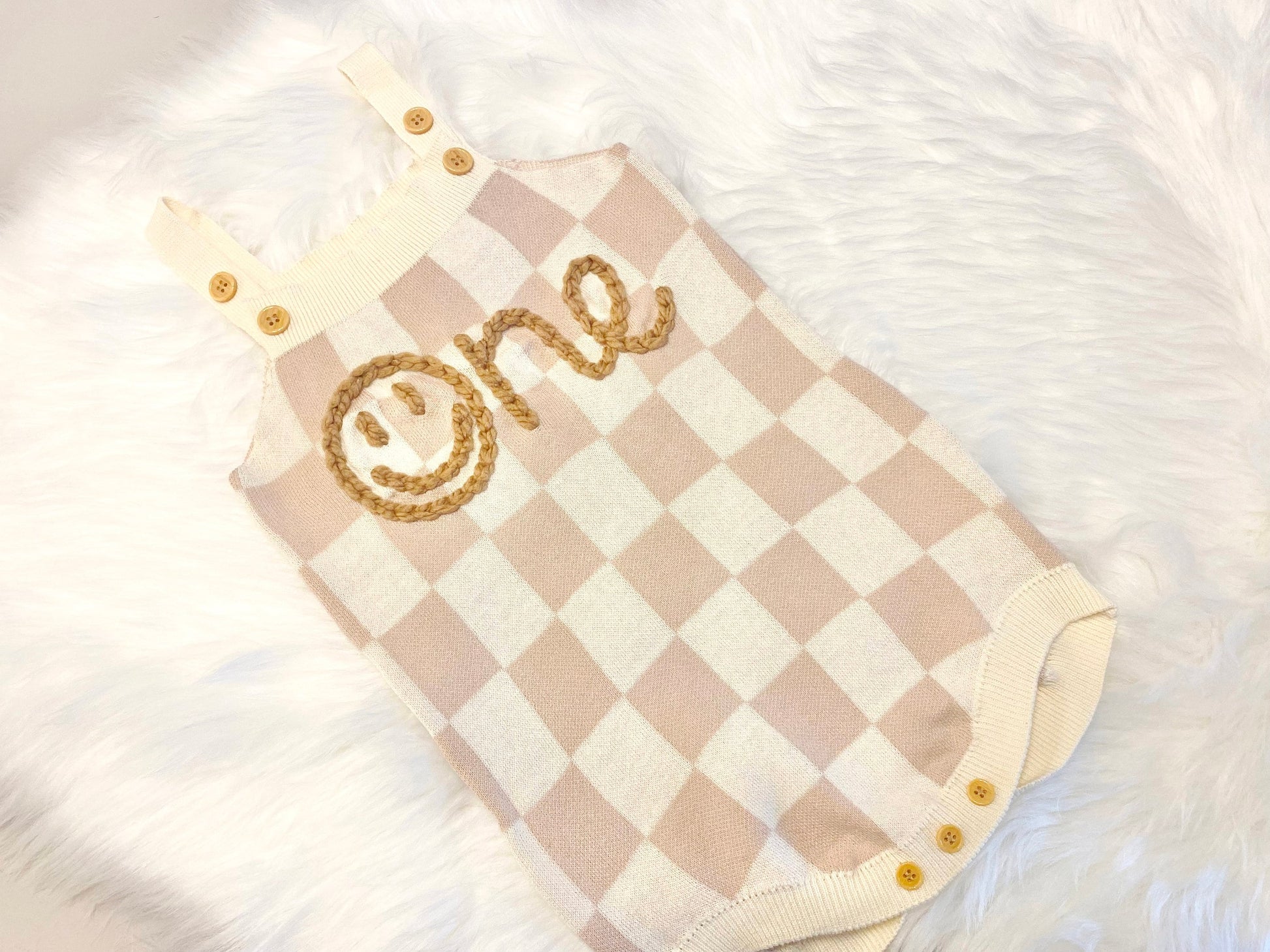 smiley face neutral birthday outfit boy, one happy dude cream tan brown Beige Checkered Knit Sweater Romper ONE 1st Birthday Outfit, First Birthday Outfit, tan cream neutral sweater romper bodysuit baby boy baby girl birthday outfit