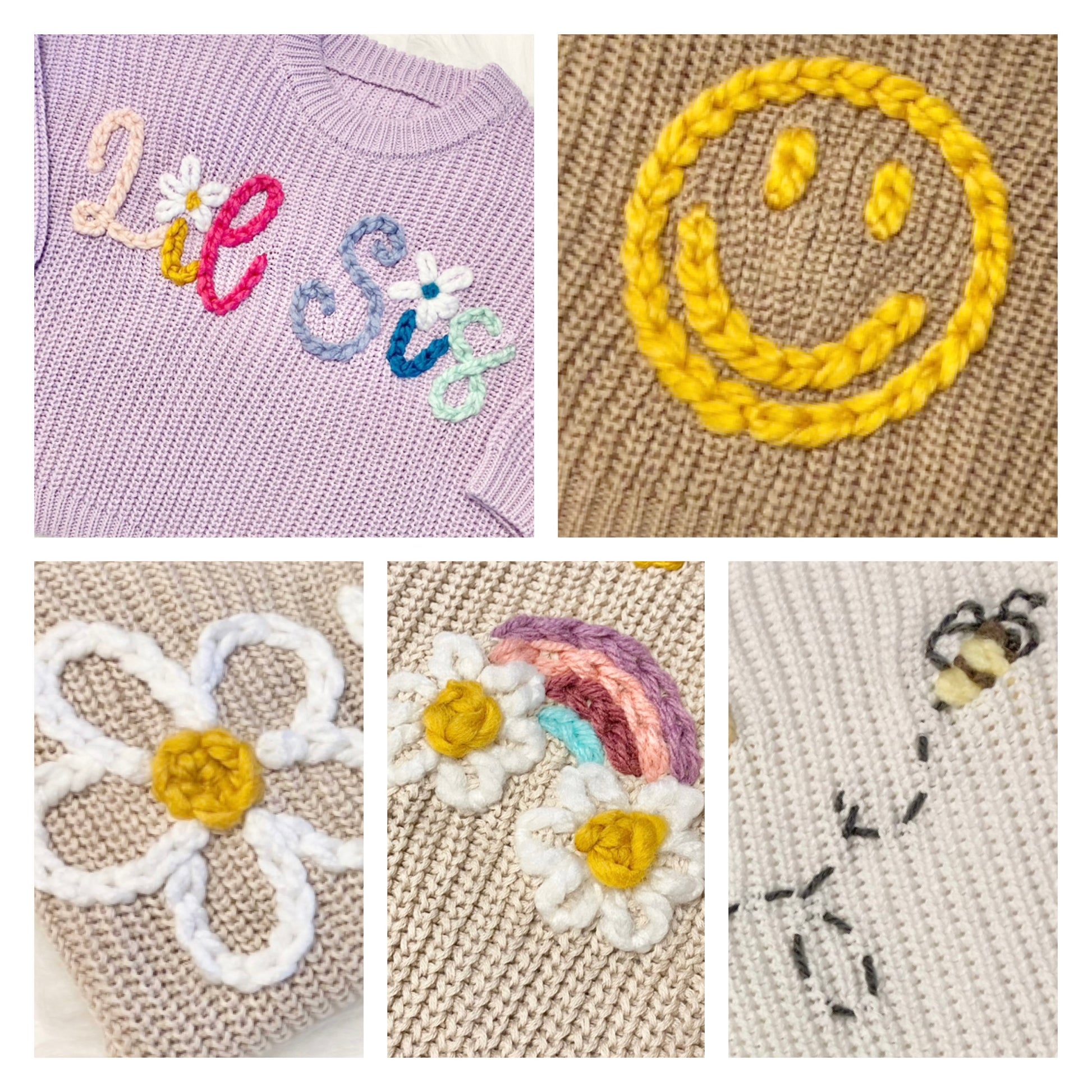 hand embroidery daisy flowers smiley face flower rainbow spring bumble bee, hand embroidered baby toddler