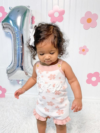 first birthday knitted ruffle romper, ONE Flower Floral First Birthday Outfit, 1st Birthday romper outfit baby girl, blush pink white daisy flowers, one groovy baby, knitted knit baby romper, hand embroidered