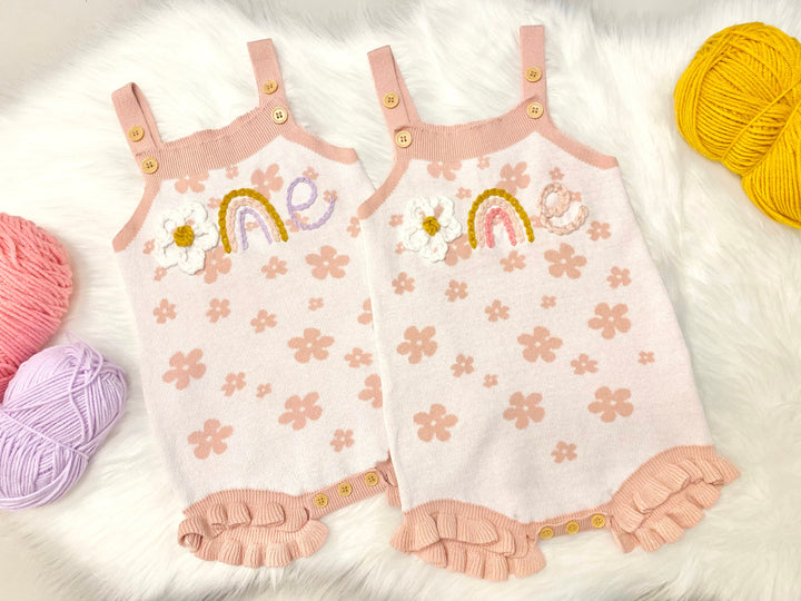 groovy ONE Flower First Birthday Outfit romper, Daisy 1st Birthday romper outfit baby girls, rainbow blush pink white yellow daisy flowers, one groovy baby, knitted knit baby romper, hand embroidered birthday outfit, spring summer birthday theme