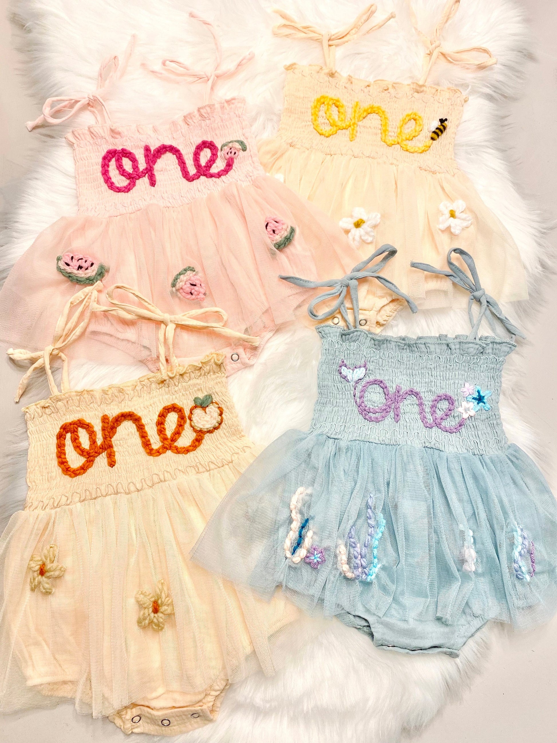 CUSTOM Hand Embroidered First Birthday ONE Tutu Dress Romper Outfit - 6-12 months / Pink CUSTOM Hand Embroidered First Birthday ONE Tutu Dress Romper Outfit - 6-12 months / Pink