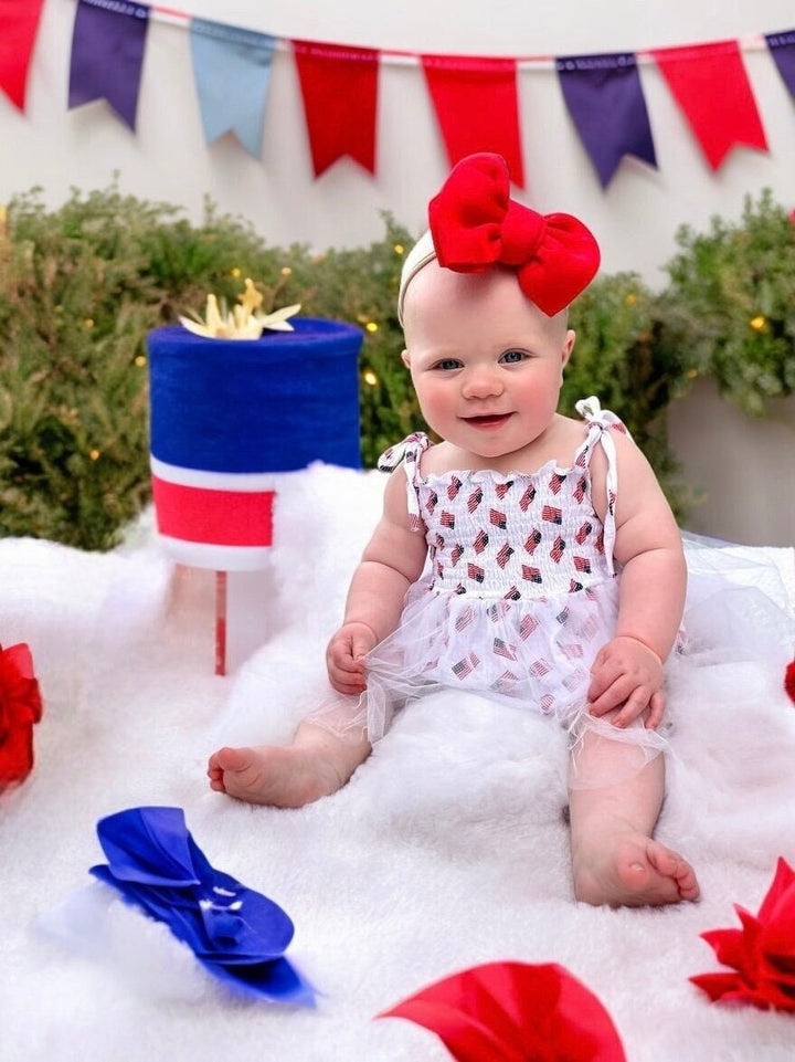 july 4th baby girls first birthday outfit, american flag dress, flag birthday dress outfit romper, usa patriotic red white and blue july 4th 1st birthday outfit dress tutu romper, tulle dress, dress outfit romper with flowers, girls first birthday,  Headband Bow All American Flag Patriotic Tutu Romper Dress, Red White and Blue Summer