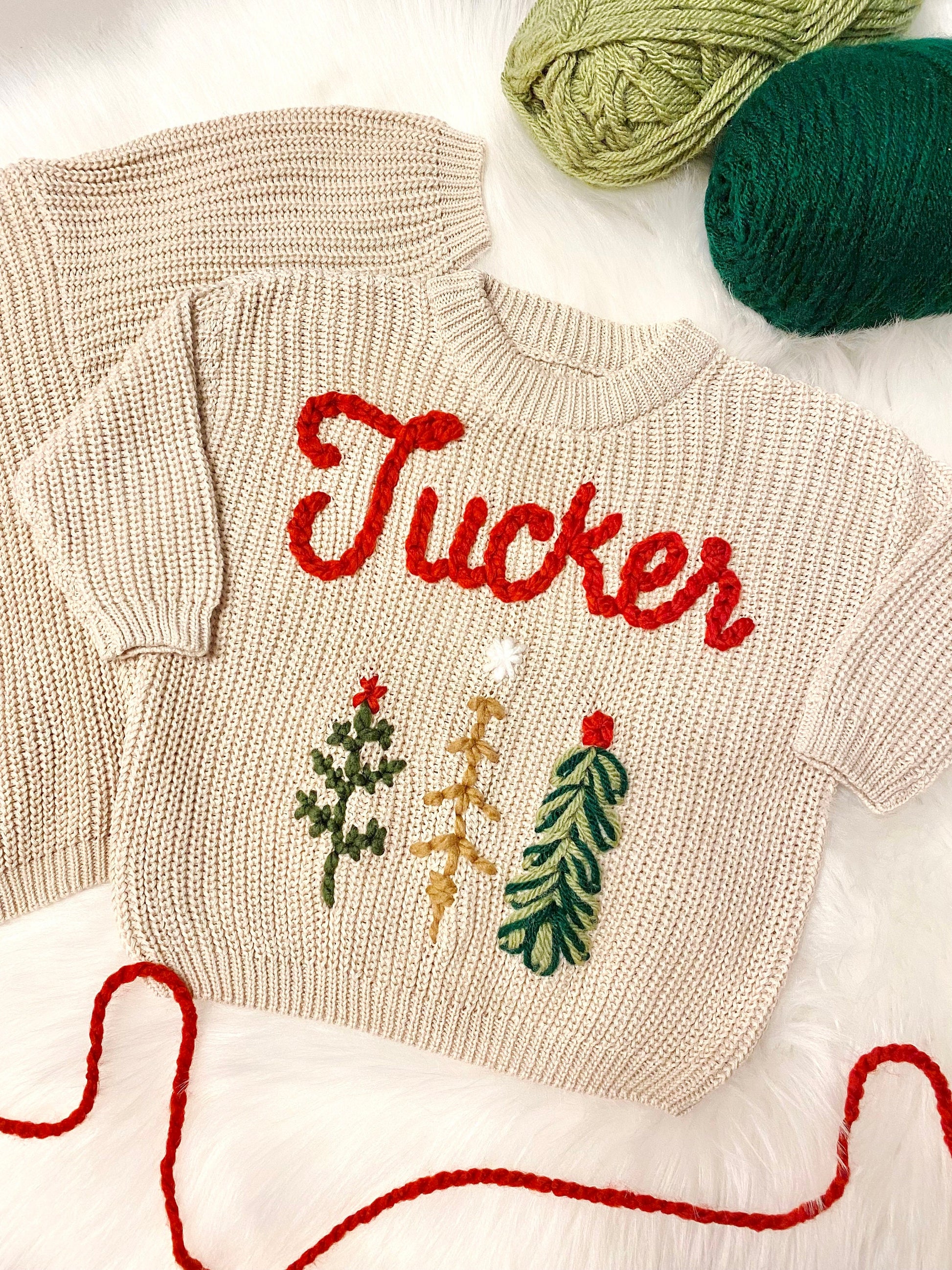 Baby Name Sweater, Baby Christmas Sweater Personalized, Christmas Tree Sweater with Name, Holiday Sweater, Boys Christmas Sweater, Red and Green with Christmas Trees Sweater, chunky knit personalized christmas tree sweater