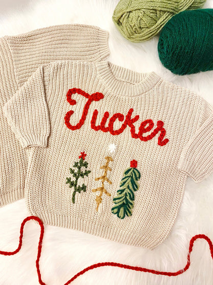 Baby Name Sweater, Baby Christmas Sweater Personalized, Christmas Tree Sweater with Name, Holiday Sweater, Boys Christmas Sweater, Red and Green with Christmas Trees Sweater, chunky knit personalized christmas tree sweater