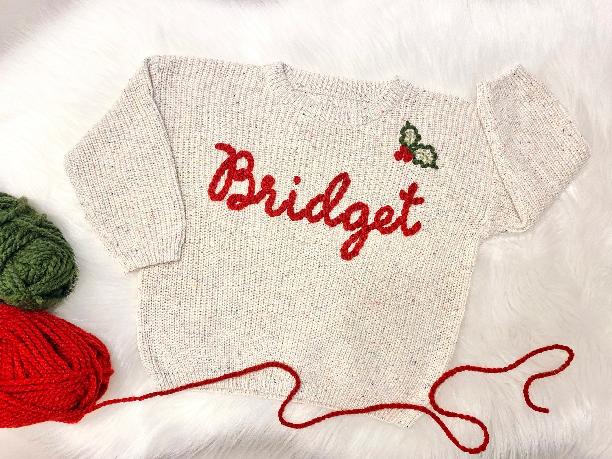 Newborn Baby Girls Christmas Sweater with Name and Christmas Holly, Baby Girls Custom Christmas Sweater with Name, chunky knit sweater christmas holly, personalized christmas sweater