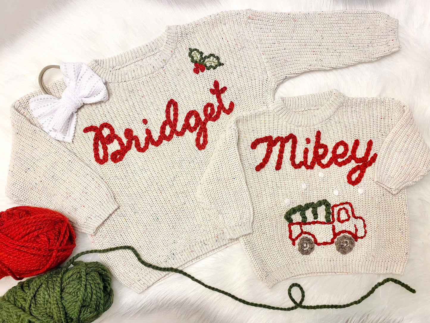 Newborn Baby Girls Christmas Sweater with Name and Christmas Holly, Baby Girls Custom Christmas Sweater with Name, chunky knit sweater christmas holly, brother sister personalized christmas sweater