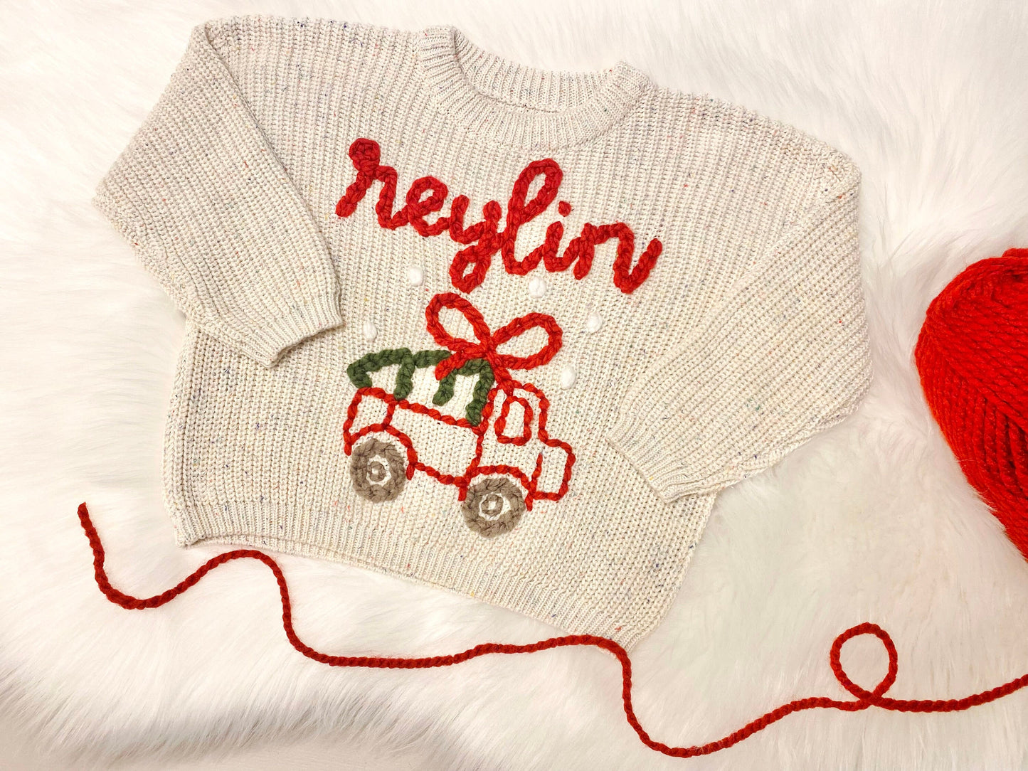 Baby girl Christmas Sweater, Christmas Tree Truck Sweater, Baby Toddler girls Christmas Sweater, Holiday Sweater Kids, chunky knit personalized custom name christmas sweater
