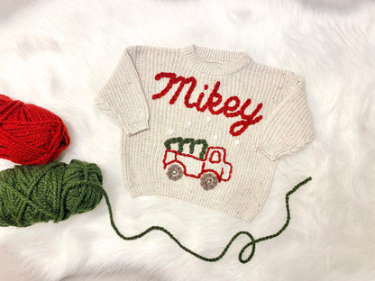 Baby Boy Christmas Sweater, Christmas Tree Truck Sweater, Baby Toddler Boys Christmas Sweater, Holiday Sweater Kids, chunky knit personalized custom name christmas sweater