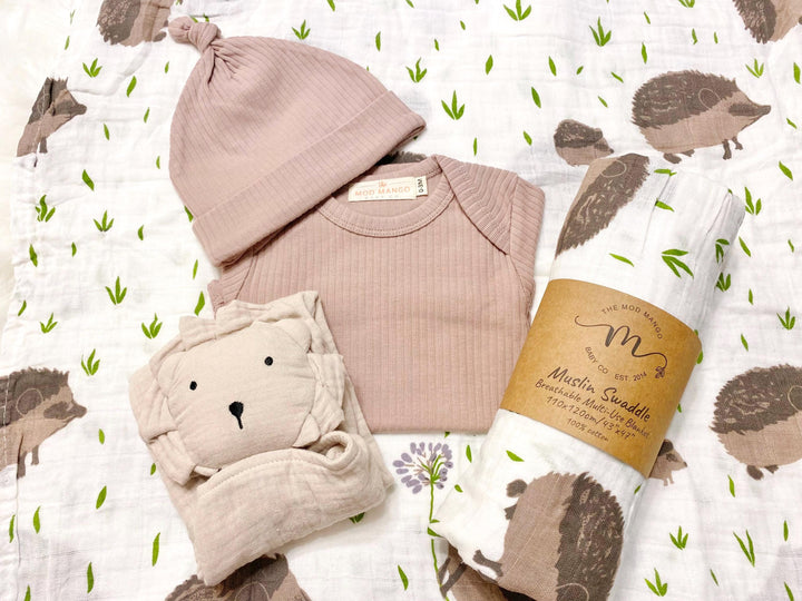 neutral baby boy gift, newborn boy gift set, gift baby boy, hedgehog swaddle blanket, tan taupe brown ivory ribbed knit long sleeve bodysuit with knot hat, muslin swaddle organic cotton gift set baby boy, lion lovey comforter blanket