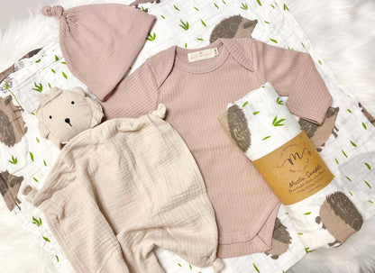 neutral baby boy gift, newborn boy gift set, gift baby boy, hedgehog swaddle blanket, tan taupe brown ivory ribbed knit long sleeve bodysuit with knot hat, muslin swaddle organic cotton gift set baby boy, lion lovey comforter blanket