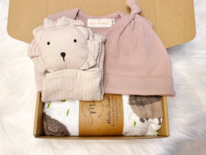 neutral baby boy gift, newborn boy gift set, gift baby boy, hedgehog swaddle blanket, tan taupe brown ivory ribbed knit long sleeve bodysuit with knot hat, muslin swaddle organic cotton gift set baby boy, lion lovey comforter blanket