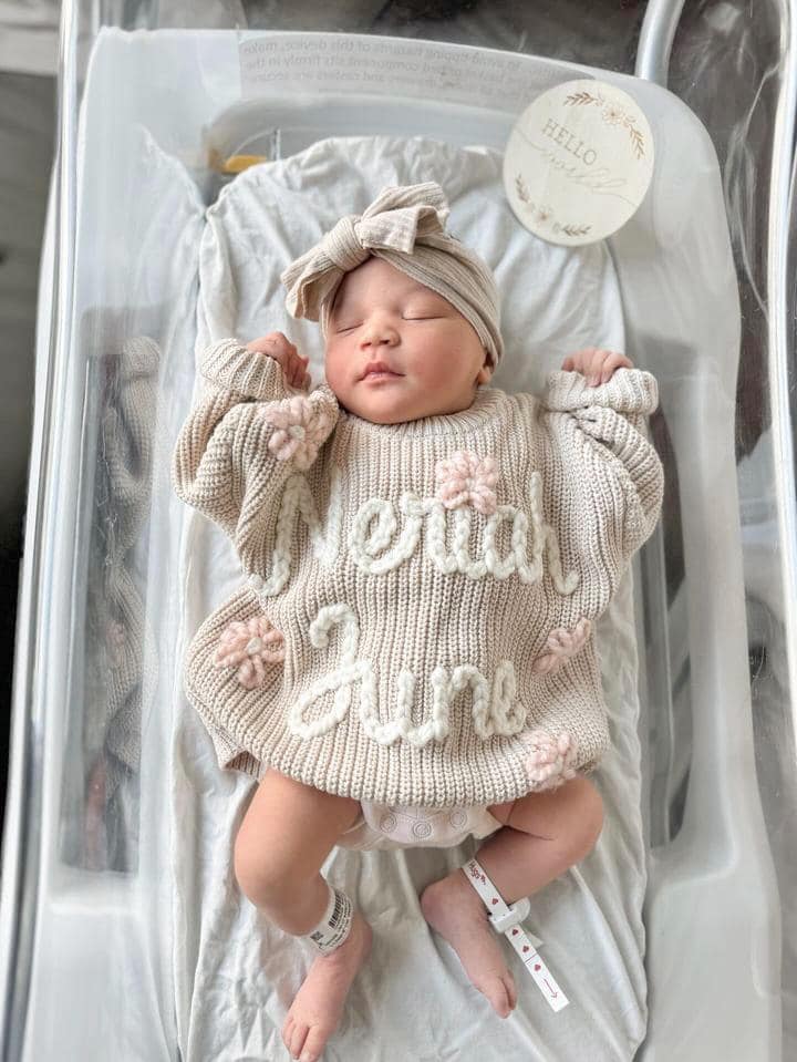 hand embroidered baby sweater with flowers for baby girl, personalized baby shower gift for girl, light pink blush beige cream baby gift, pregnancy announcement, custom newborn baby sweater with name, hand embroidered baby sweater, the mod mango baby boutique co