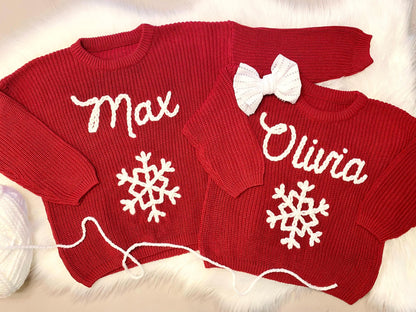 personalized winter onederland birthday sweater, snowflake christmas sweater, oh what fun shirt outfit, red white christmas holiday snowflakes baby toddler boy girl matching christmas sweater outfit, first birthday, first christmas hand embroidered