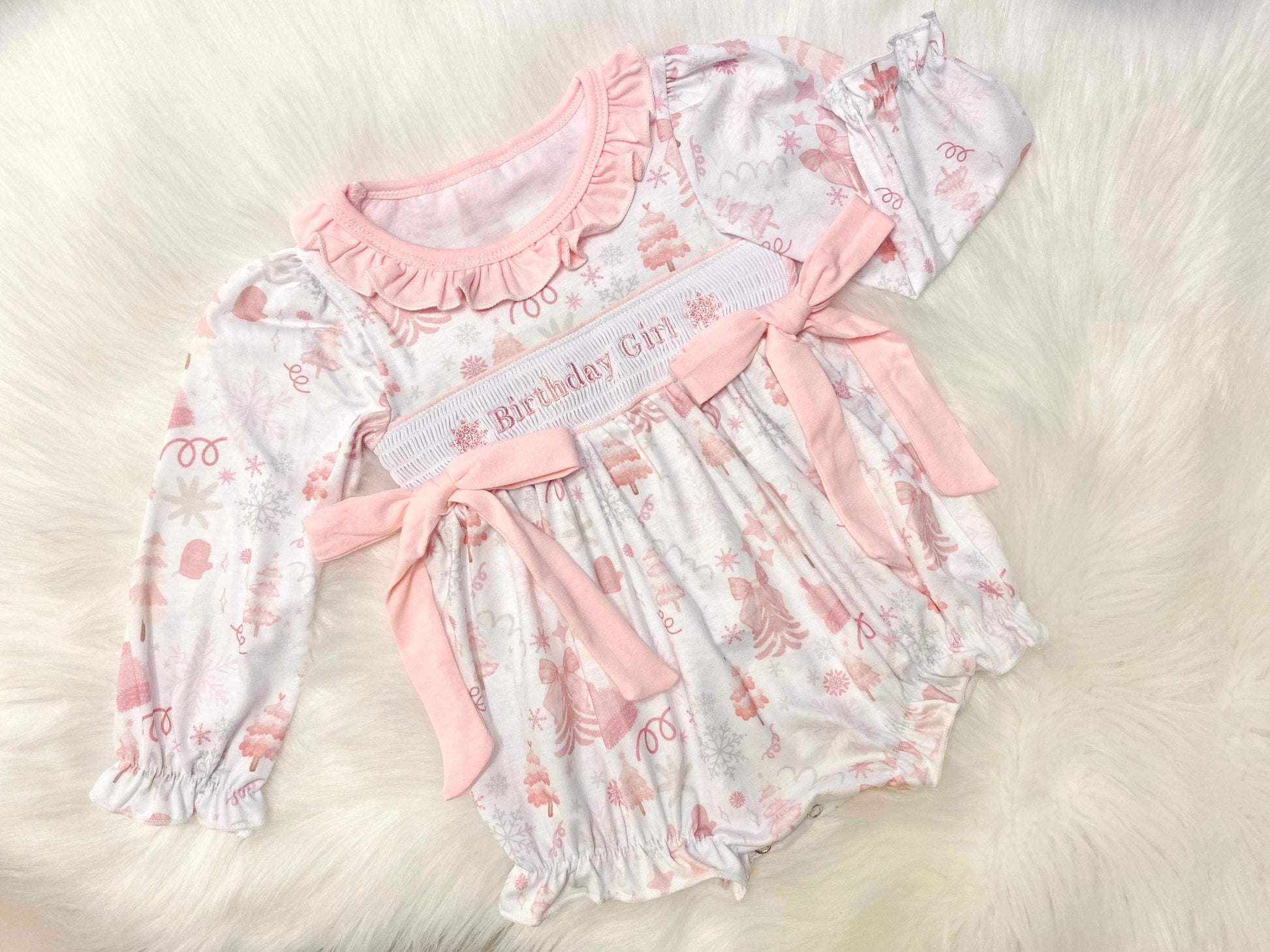 first birthday girl romper winter wonderland onederland pink silver snowflakes outfit, pink white smocked bubble romper first birthday winter snowflakes, ruffle bows snowflake embroidered smocked 1st birthday outfit romper baby girls