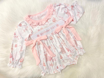 first birthday girl romper winter wonderland onederland pink silver snowflakes outfit, pink white smocked bubble romper first birthday winter snowflakes, ruffle bows snowflake embroidered smocked 1st birthday outfit romper baby girls