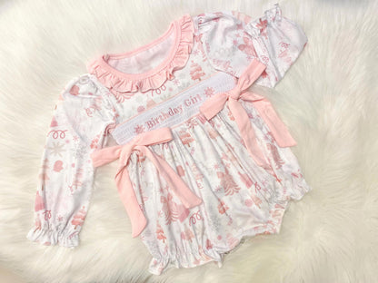first birthday girl romper winter wonderland onederland pink silver snowflakes outfit, pink white smocked bubble romper first birthday winter snowflakes, ruffle bows snowflake embroidered smocked 1st birthday outfit romper baby girls
