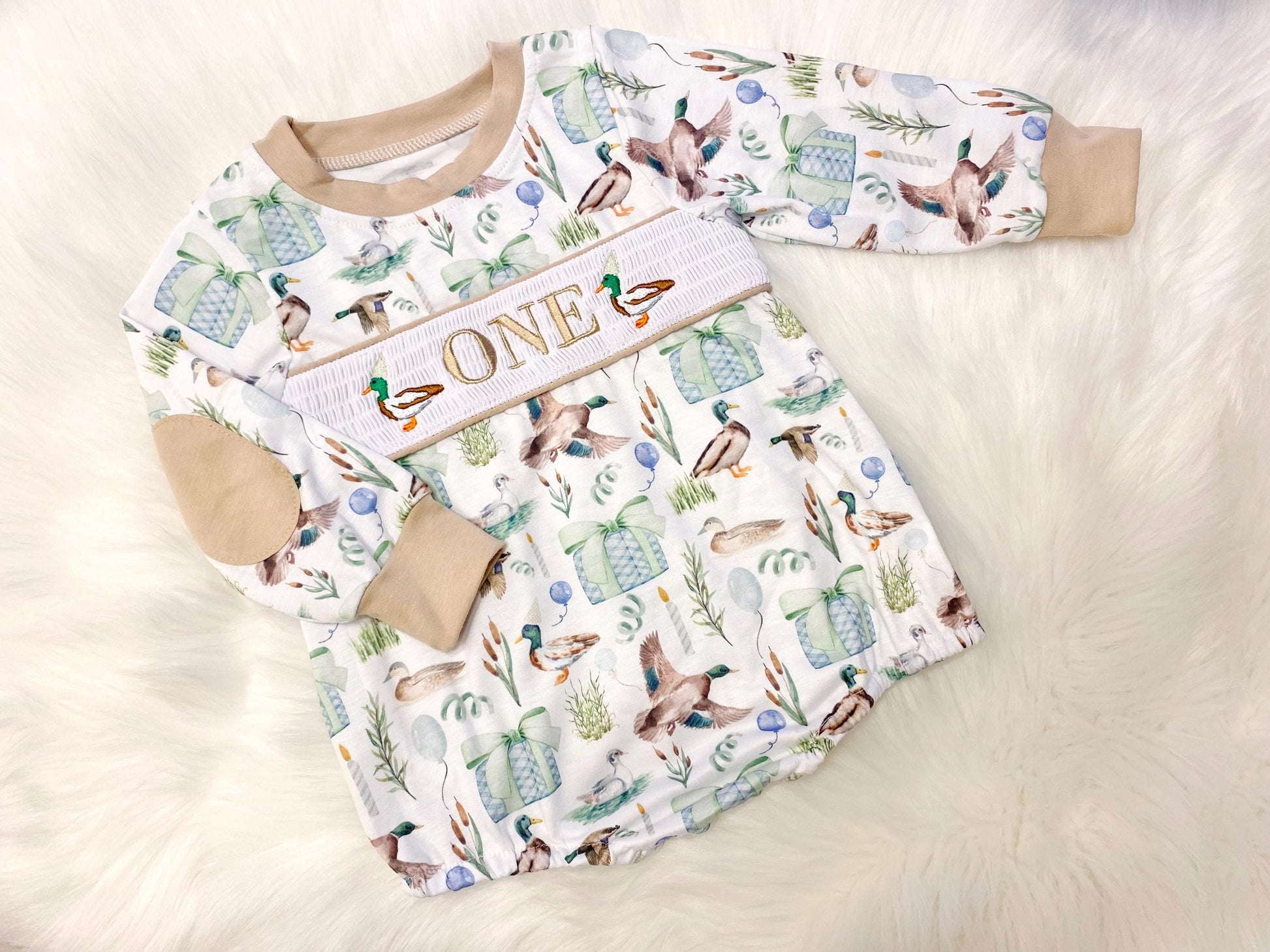 one lucky duck shirt first birthday boy romper fall green brown blue tan beige outfit, ONE smocked bubble romper first birthday mallard ducks, party ducks embroidered smocked 1st birthday outfit romper baby boys