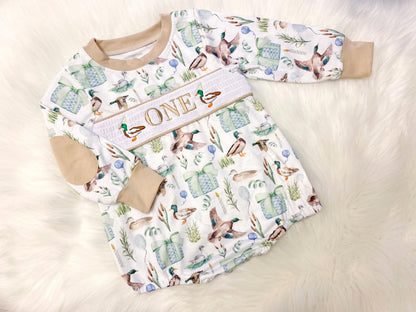 one lucky duck shirt first birthday boy romper fall green brown blue tan beige outfit, ONE smocked bubble romper first birthday mallard ducks, party ducks embroidered smocked 1st birthday outfit romper baby boys