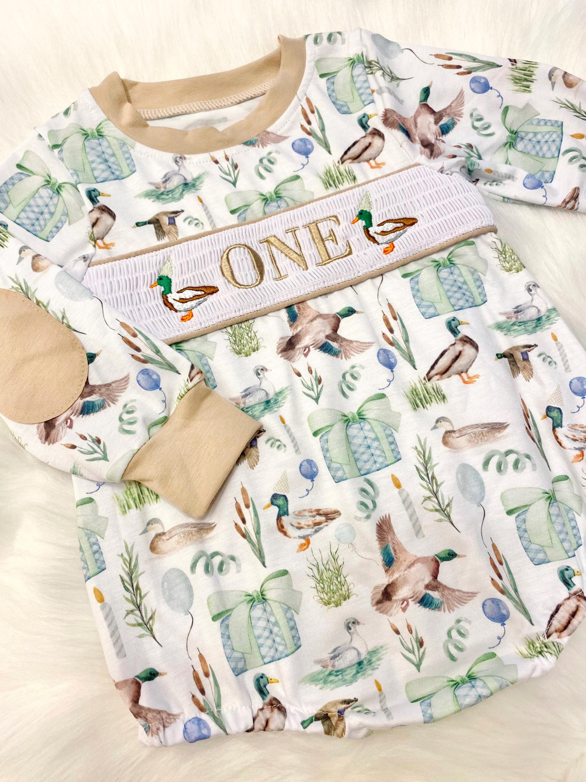 one lucky duck first birthday boy romper fall green brown blue tan beige outfit, ONE smocked bubble romper first birthday mallard ducks, party ducks embroidered smocked 1st birthday outfit romper baby boys