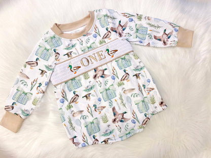 one lucky duck first birthday boy romper fall green brown blue tan beige outfit, ONE smocked bubble romper first birthday mallard ducks, party ducks embroidered smocked 1st birthday outfit romper baby boys