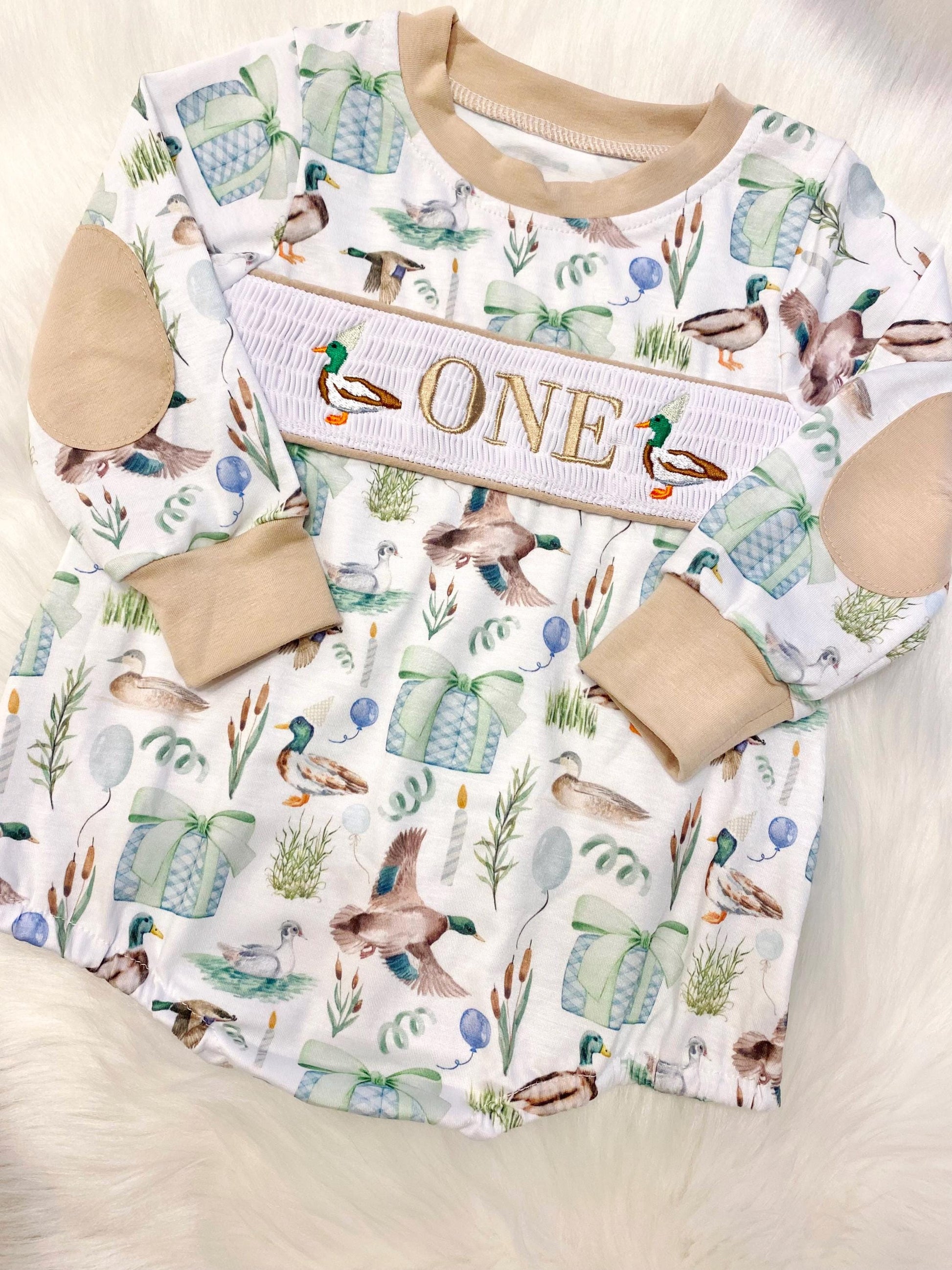 one lucky duck first birthday boy romper fall green brown blue tan beige outfit, ONE smocked bubble romper first birthday mallard ducks, party ducks embroidered smocked 1st birthday outfit romper baby boys
