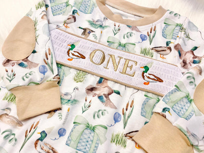 one lucky duck first birthday boy romper fall green brown blue tan beige outfit, ONE smocked bubble romper first birthday mallard ducks, party ducks embroidered smocked 1st birthday outfit romper baby boys