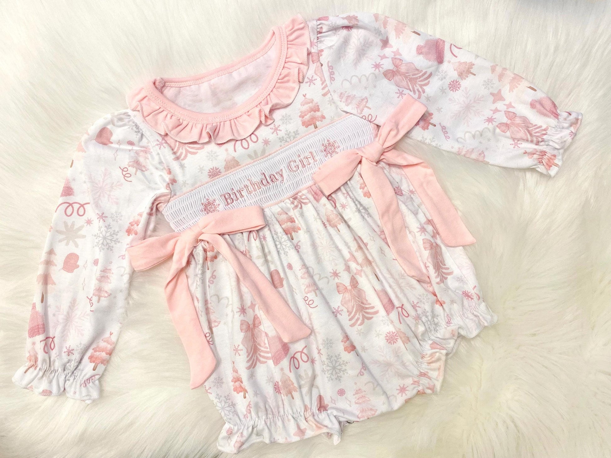 first birthday girl romper winter wonderland onederland pink silver snowflakes outfit, pink white smocked bubble romper first birthday winter snowflakes, ruffle bows snowflake embroidered smocked Christmas 1st birthday outfit romper baby girls
