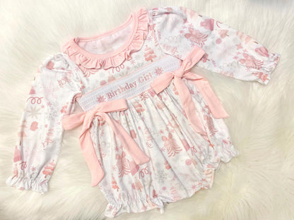 first birthday girl romper winter wonderland onederland pink silver snowflakes outfit, pink white smocked bubble romper first birthday winter snowflakes, ruffle bows snowflake embroidered smocked Christmas 1st birthday outfit romper baby girls