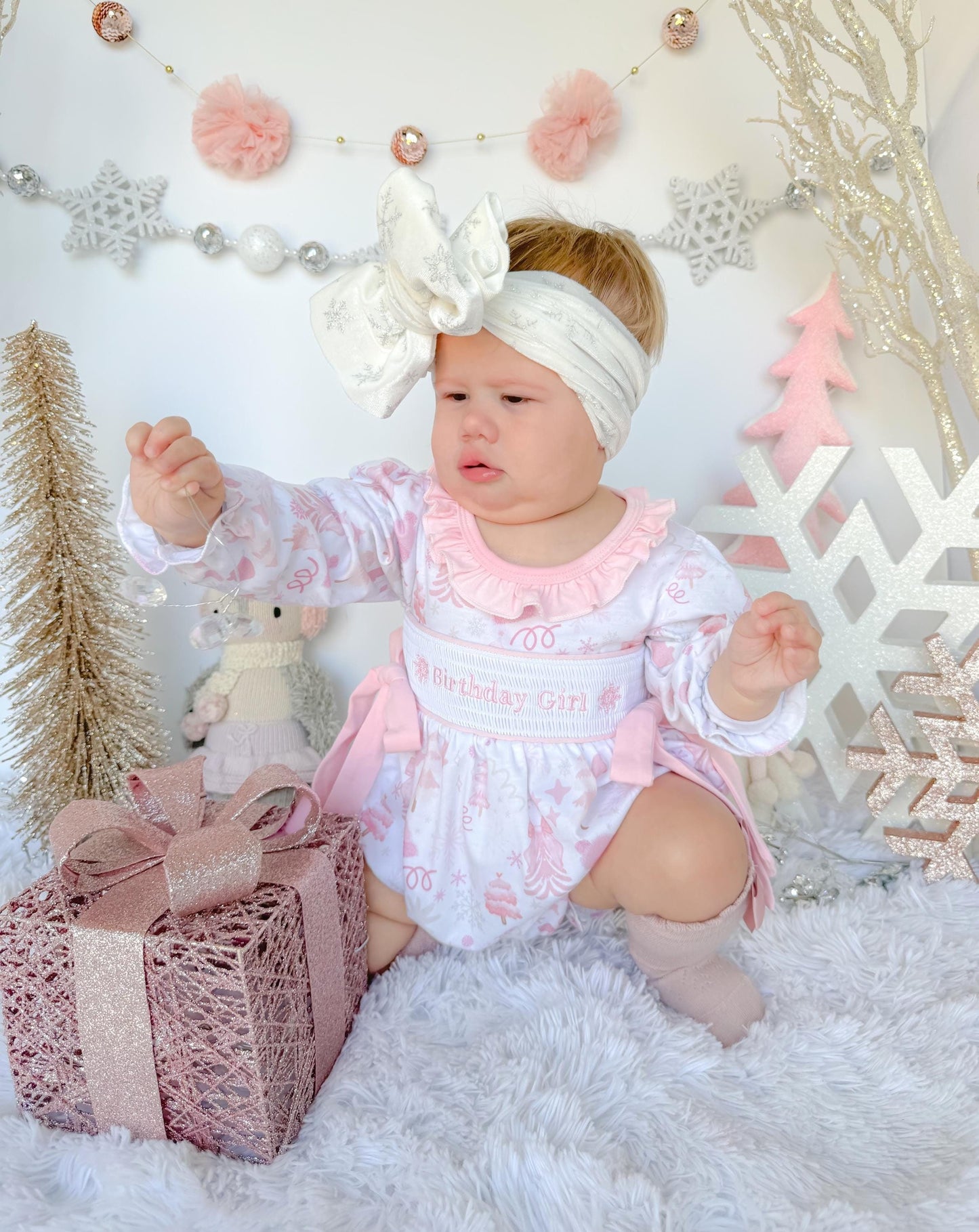 Winter ONEderland Smocked Romper, Pink Snowflake First Birthday Outfit