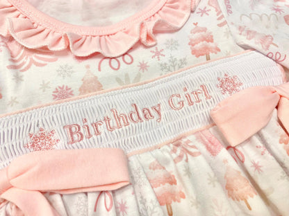 first birthday girl romper winter wonderland onederland pink silver snowflakes outfit, pink white smocked bubble romper first birthday winter snowflakes, ruffle bows snowflake embroidered smocked 1st birthday outfit romper baby girls