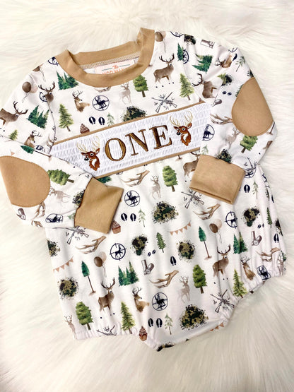 the big one deer hunting shirt first birthday boy romper fall green brown tan beige outfit, ONE smocked bubble romper first birthday deer buck trees antlers, party deer embroidered smocked 1st birthday outfit romper baby boys