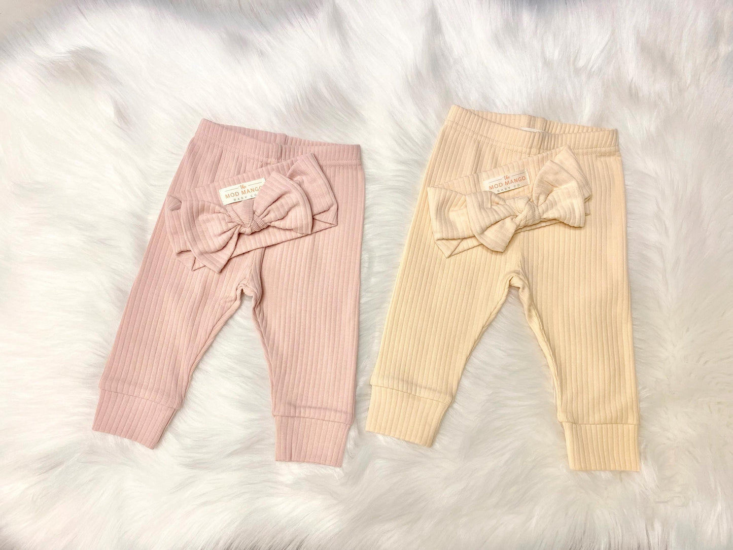 baby girl newborn leggings and bow headband headwrap set, organic cotton ribbed baby girl, blush pink cream pants and headwrap