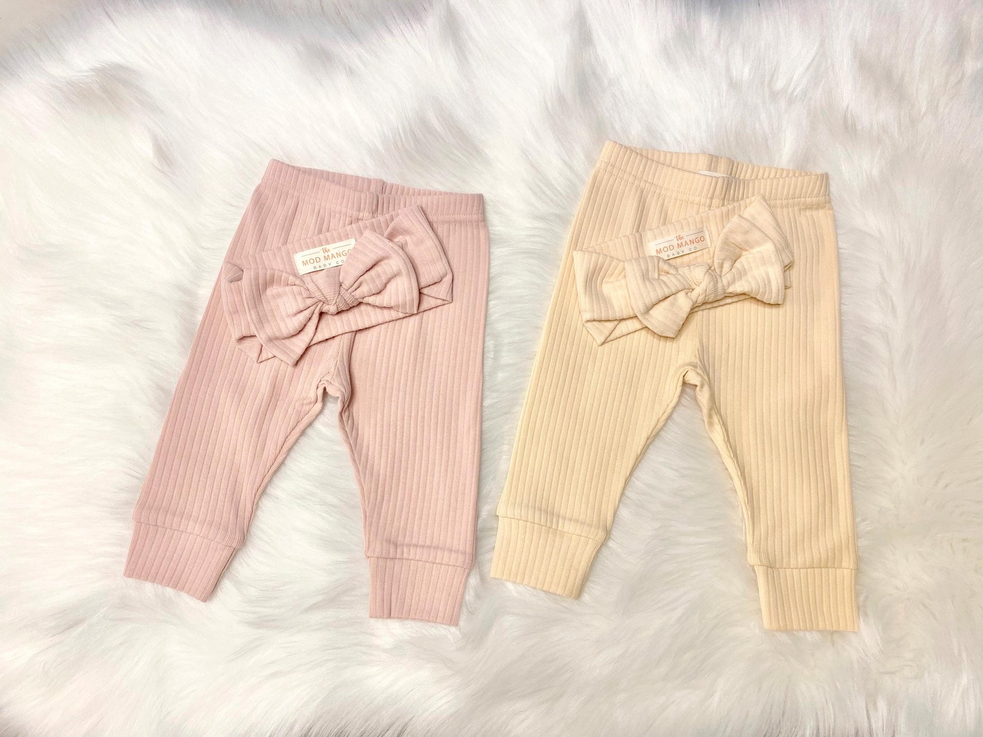 baby girl newborn leggings and bow headband headwrap set, organic cotton ribbed baby girl, blush pink cream pants and headwrap