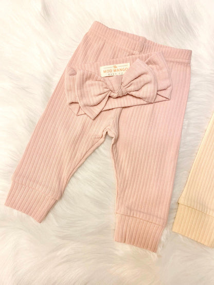 baby girl newborn leggings and bow headband headwrap set, organic cotton ribbed baby girl, blush pink pants and headwrap gift