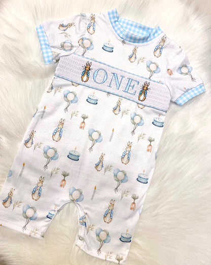 peter rabbit shirt first birthday boy romper spring baby blue and white gingham checkered tan beige outfit, ONE smocked bubble romper first birthday bunny rabbit, some bunny is one embroidered smocked 1st birthday outfit romper baby boys easter