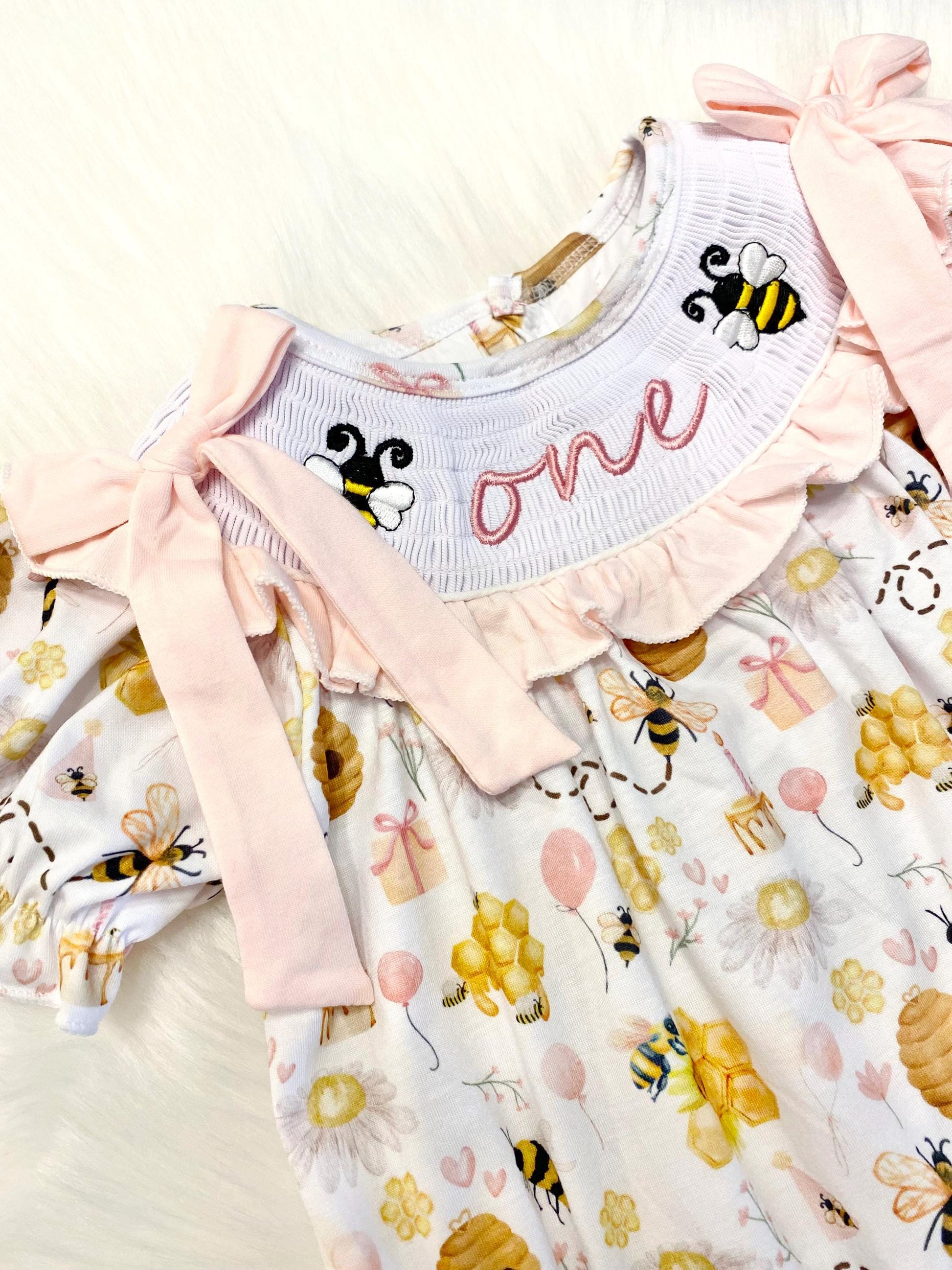 first bee day pink bow first birthday girl romper yellow pink and white outfit, girls one pink white smocked bubble romper first birthday spring summer bees bows ruffle embroidered smocked short sleeve 1st birthday outfit romper baby girls bee hive