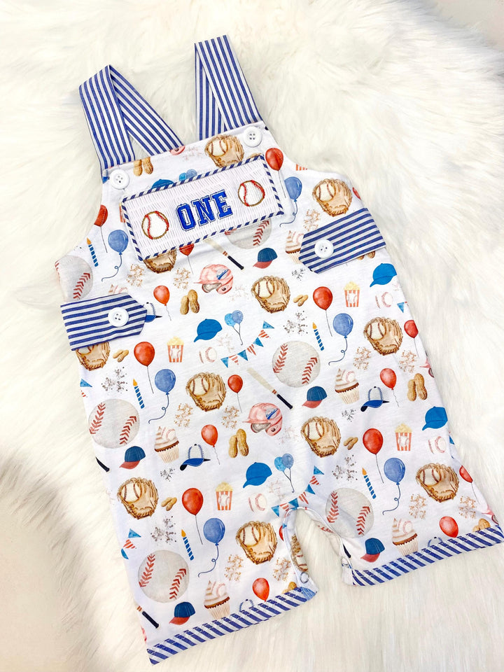roockie of the year first birthday boy romper baseball royal blue red tan beige smash cake outfit overalls, ONE smocked romper first birthday baseballs, sports embroidered smocked spring summer 1st birthday boy outfit romper cake smash outfit baby boys
