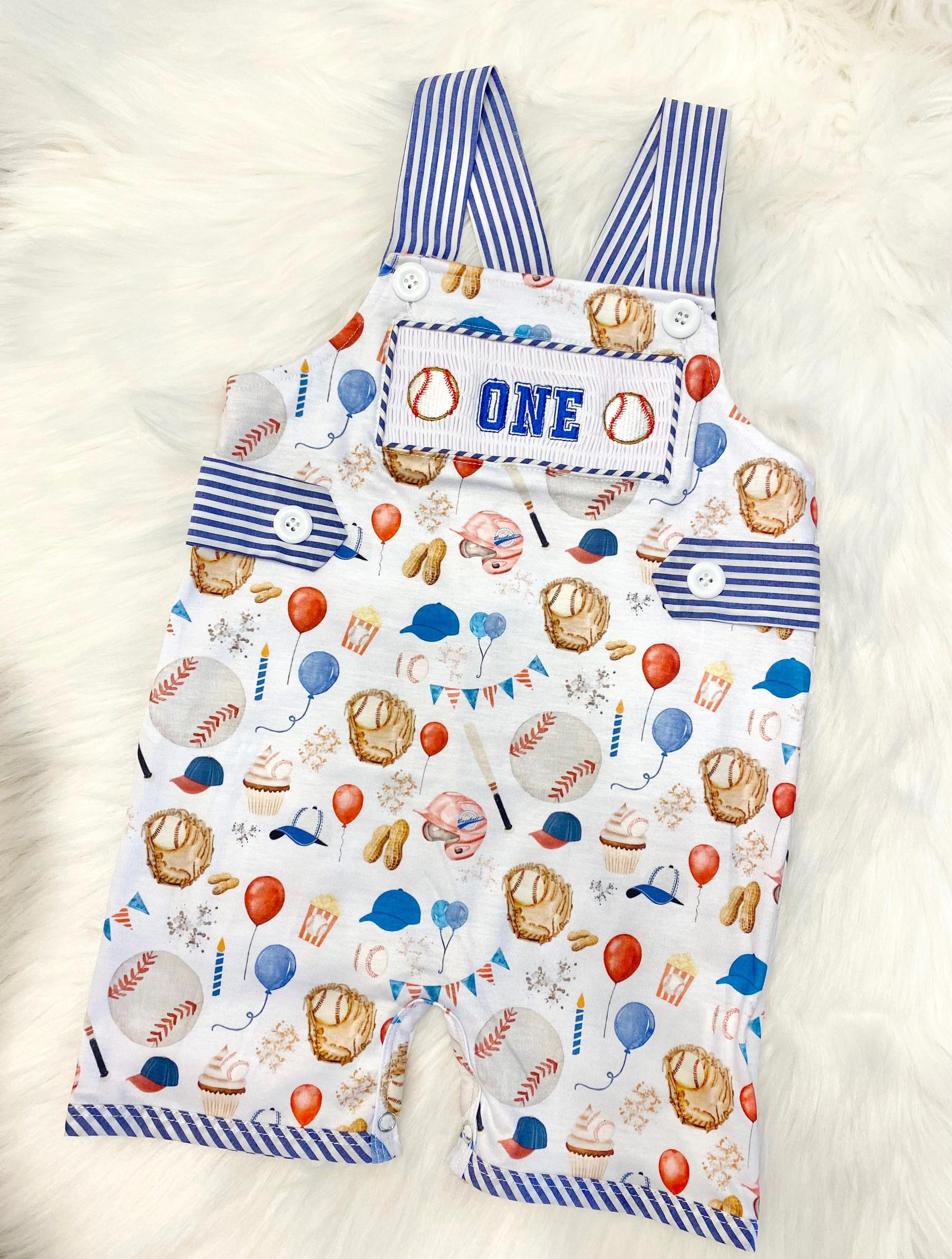 roockie of the year first birthday boy romper baseball royal blue  red tan beige smash cake outfit overalls, ONE smocked romper first birthday baseballs, sports embroidered smocked 1st birthday boy outfit romper baby boys