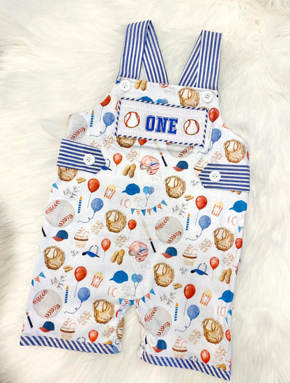 roockie of the year first birthday boy romper baseball royal blue  red tan beige smash cake outfit overalls, ONE smocked romper first birthday baseballs, sports embroidered smocked 1st birthday boy outfit romper baby boys