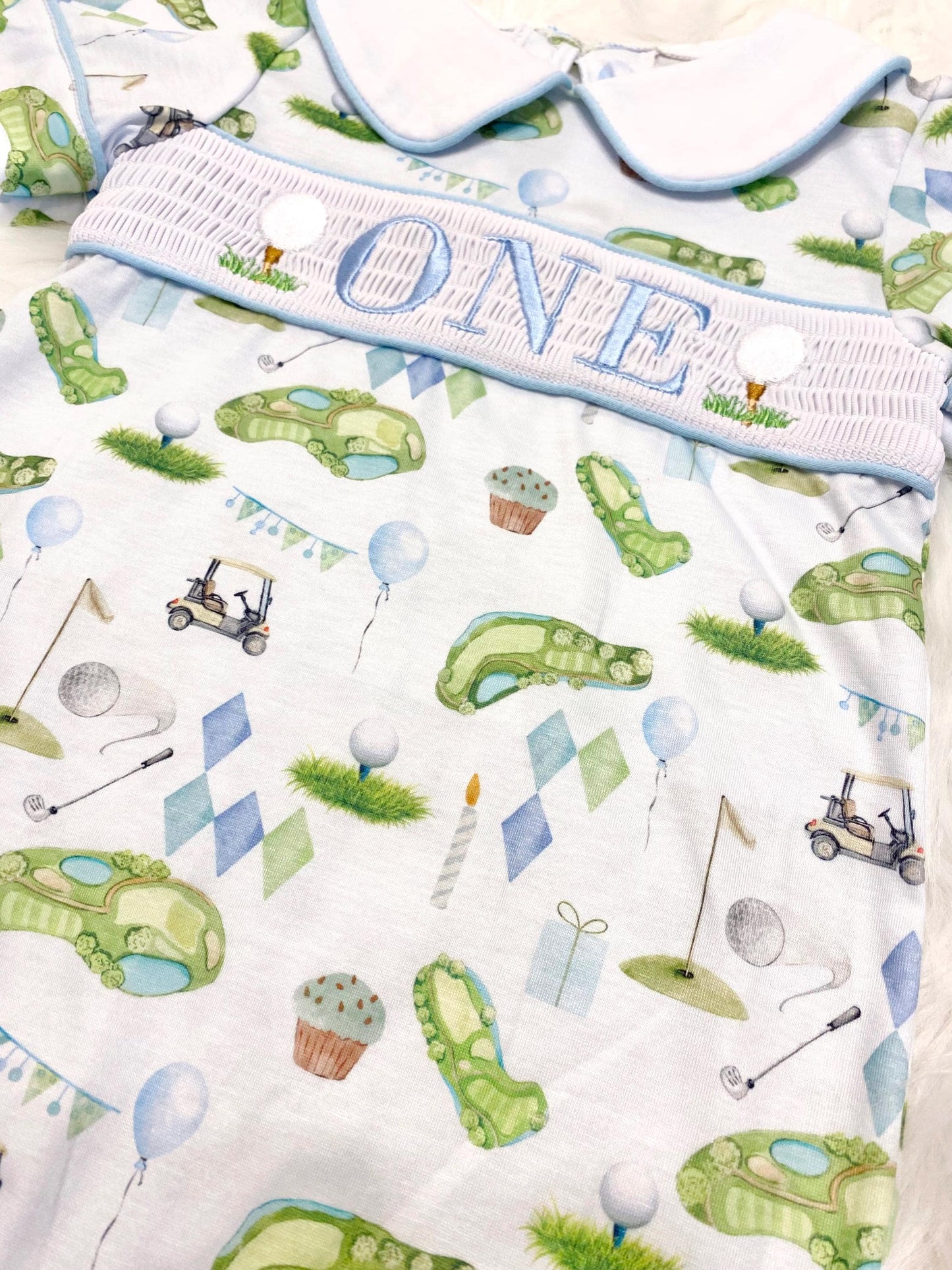 hole in one golf outfit shirt first birthday boy romper spring baby blue and white argyle blue green outfit, ONE smocked romper first birthday par tee, golfing golf balls embroidered smocked 1st birthday outfit romper baby boys