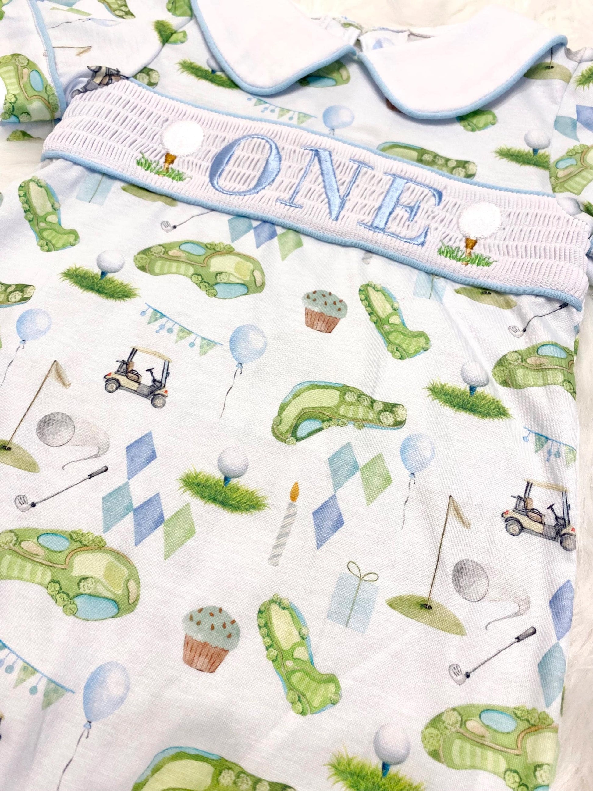 hole in one golf outfit shirt first birthday boy romper spring baby blue and white argyle blue green outfit, ONE smocked romper first birthday par tee, golfing golf balls embroidered smocked 1st birthday outfit romper baby boys