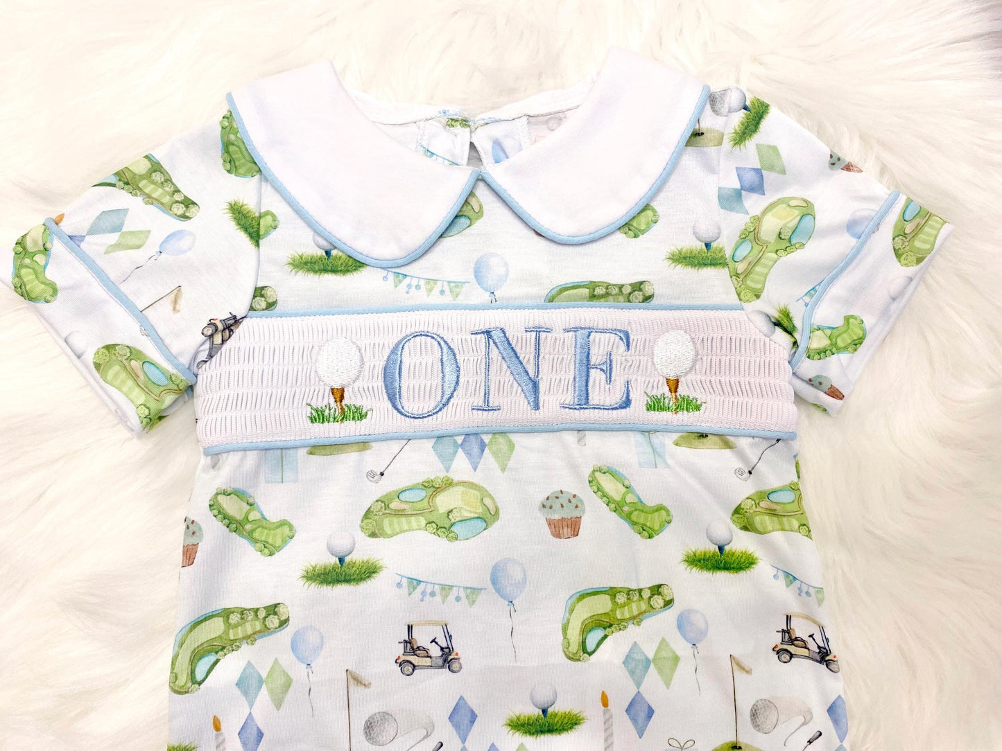 hole in one golf outfit shirt first birthday boy romper spring baby blue and white argyle blue green outfit, ONE smocked romper first birthday par tee, golfing golf balls embroidered smocked 1st birthday outfit romper baby boys