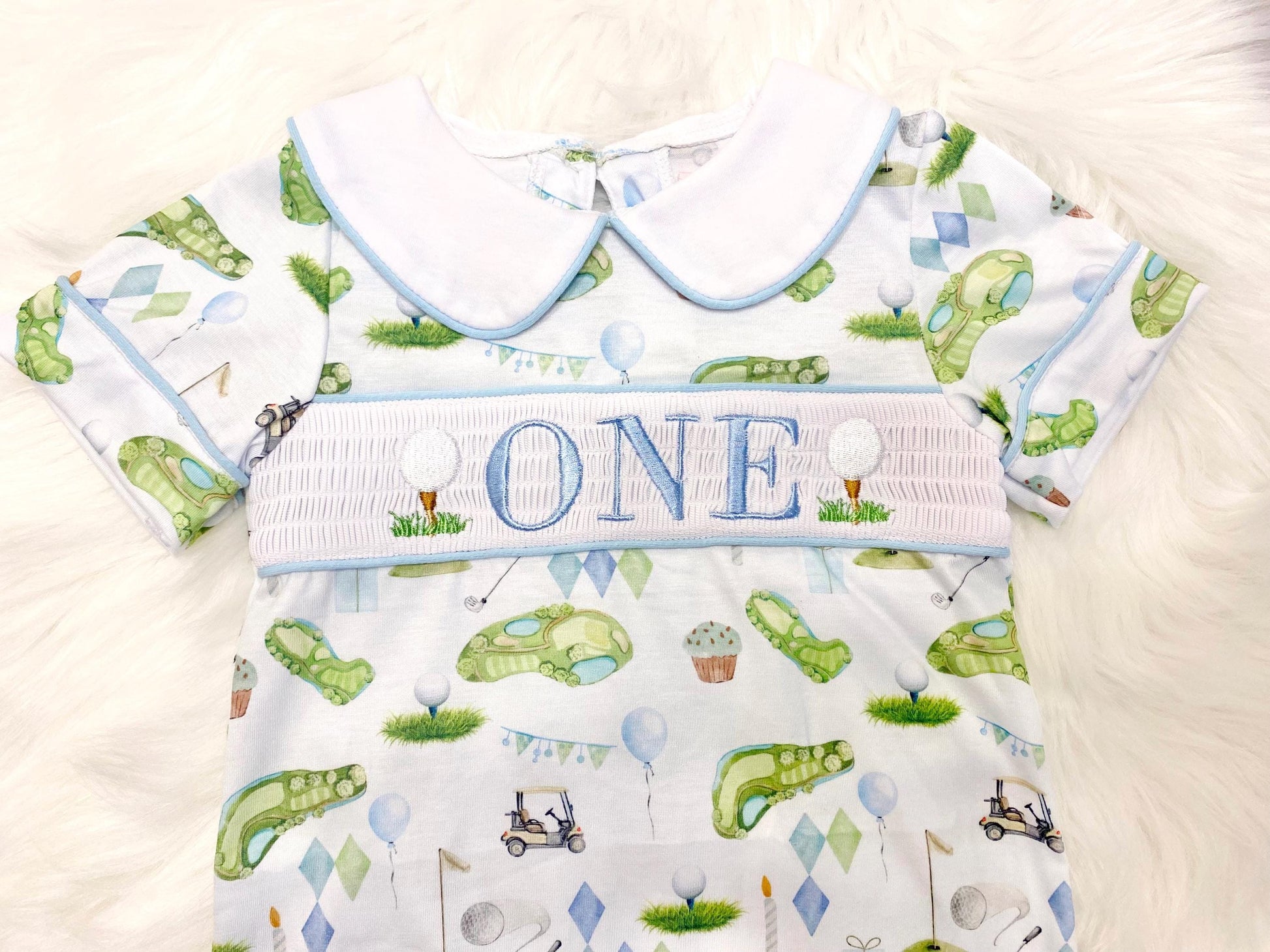 hole in one golf outfit shirt first birthday boy romper spring baby blue and white argyle blue green outfit, ONE smocked romper first birthday par tee, golfing golf balls embroidered smocked 1st birthday outfit romper baby boys