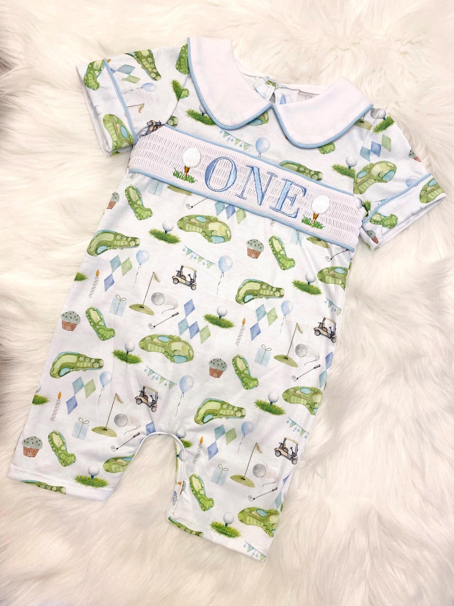 hole in one golf outfit shirt first birthday boy romper spring baby blue and white argyle blue green outfit, ONE smocked romper first birthday par tee, golfing golf balls embroidered smocked 1st birthday outfit romper baby boys
