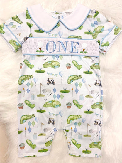 hole in one golf outfit shirt first birthday boy romper spring baby blue and white argyle blue green outfit, ONE smocked romper first birthday par tee, golfing golf balls embroidered smocked 1st birthday outfit romper baby boys