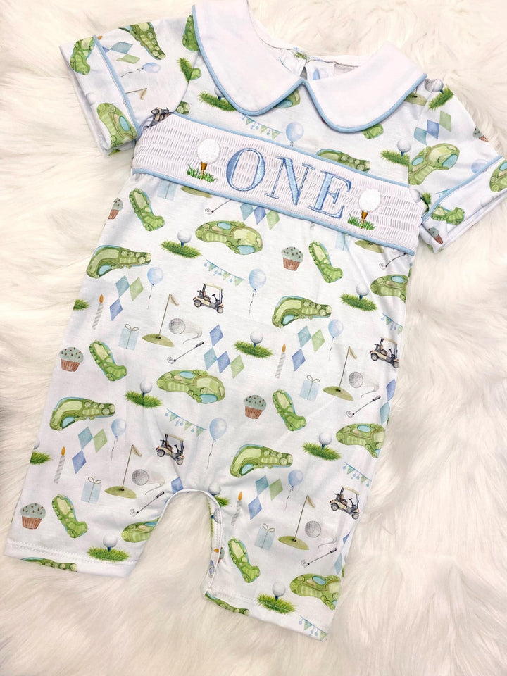 hole in one golf outfit shirt first birthday boy romper spring baby blue and white argyle blue green outfit, ONE smocked romper first birthday par tee, golfing golf balls embroidered smocked 1st birthday outfit romper baby boys